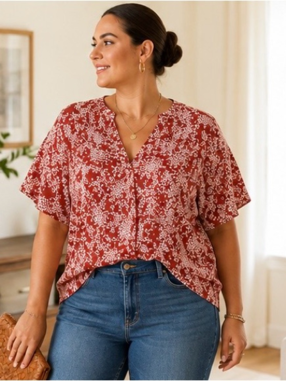 Floral V-Neck Blouse XXL Red White Print Flutter Sleeve Boho Cottagecore Top